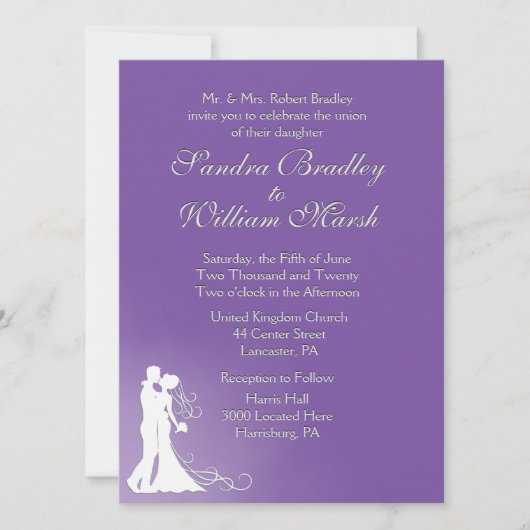 Bride en Groom Royal Paars Wedding Invitation Kaart (Voorkant)