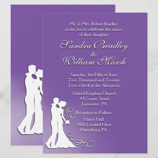 Bride en Groom Royal Paars Wedding Invitation Kaart (Voorkant / Achterkant)
