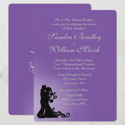 Bride en Groom Royal Paars Wedding Kaart (Voorkant / Achterkant)