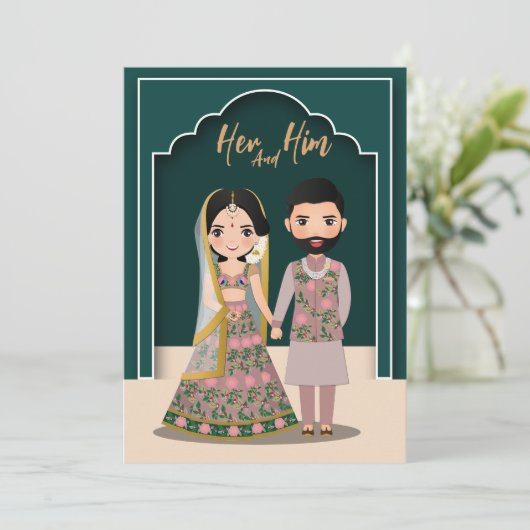 Bride en groom schattige indiaanse cartoon save the date (Staand voorkant)
