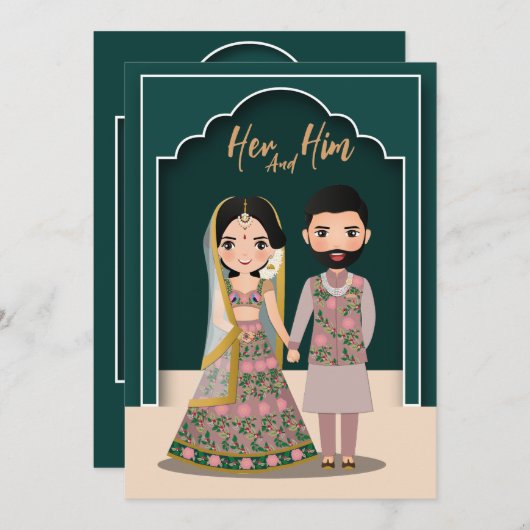 Bride en groom schattige indiaanse cartoon save the date (Voorkant / Achterkant)