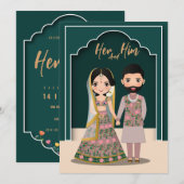 Bride en groom schattige indiaanse cartoon save the date (Voorkant / Achterkant)