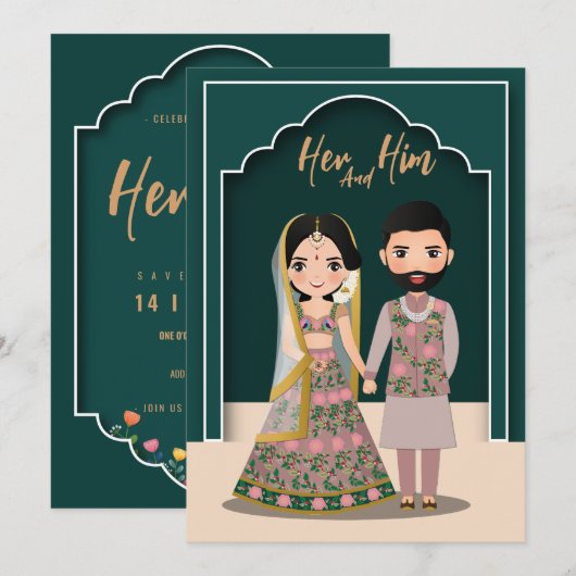 Bride en groom schattige indiaanse cartoon save the date (Voorkant / Achterkant)