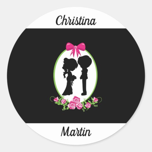 Bride en Groom Silhouettes met Namen Ronde Sticker (Voorkant)