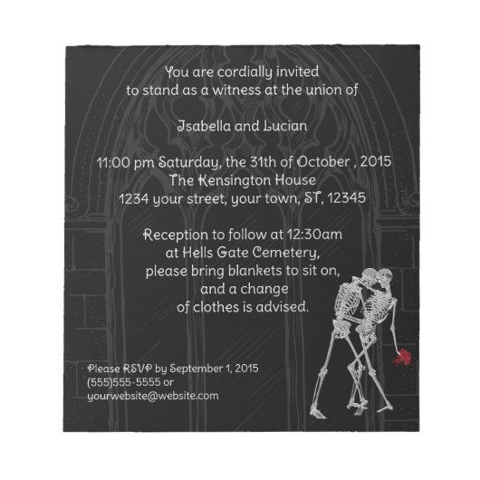 Bride en Groom Skeletons Gothic Weddenschap Notitieblok (Voorkant)