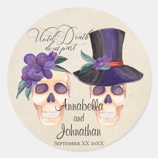Bride en Groom Skulls Halloween Theme Wedding Ronde Sticker (Voorkant)