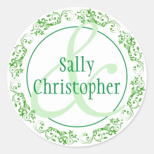 Bride en groomnamen samen. ronde sticker (Voorkant)