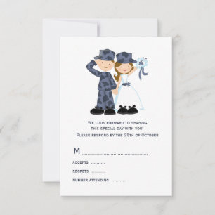 Bride en Soldaat in Blue Camouflage Wedding RSVP Kaartje