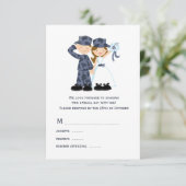Bride en Soldaat in Blue Camouflage Wedding RSVP Kaartje (Staand voorkant)