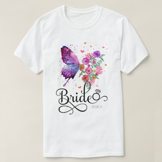 Bride Floral Boho Butterfly Name T-Shirt (Design voorkant)