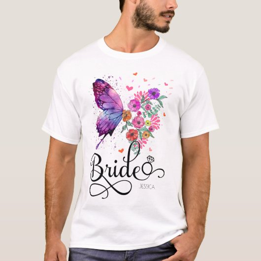 Bride Floral Boho Butterfly Name T-Shirt (Voorkant)