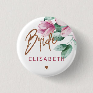 Bride floral roze kopertypografie vrijgezellenfees ronde button 3,2 cm