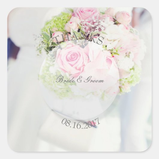 Bride Flower Bouquet, editable bruiloft-Bedankt Vierkante Sticker (Voorkant)