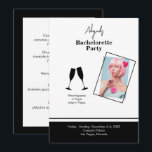 Bride foto B/W-doelbietachelorette in Kaart<br><div class="desc">Bachelorette Party Destination Photo Wedding Invitation. Foto van de Bride,  naam en bestemming. De rug omvat contactinformatie voor partijplanners en kosten van de gebeurtenis.</div>