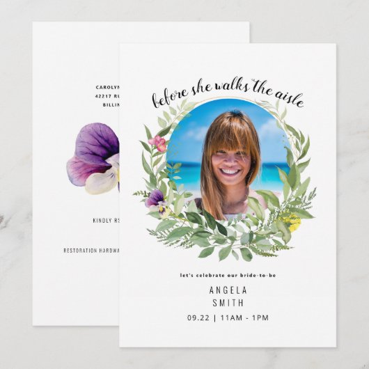 Bride Foto voor ze Vrijgezellenfeest Invitat loopt Kaart (Voorkant / Achterkant)