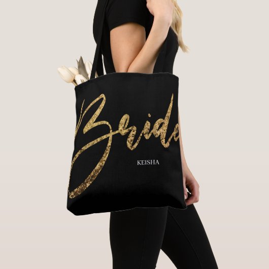 Bride Gold Glitter en zwarte Calligrafie Tote Bag (Dichtbij)