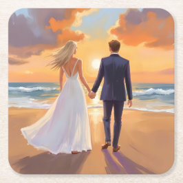 Bride & Groom Beach Wedding Watercolor Kartonnen Onderzetters