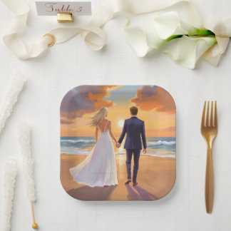 Bride & Groom Beach Wedding Watercolor Papieren Bordje
