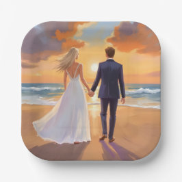Bride & Groom Beach Wedding Watercolor Papieren Bordje