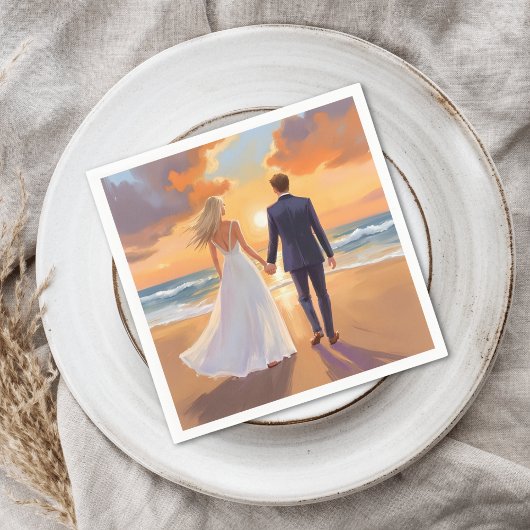 Bride & Groom Beach Wedding Watercolor Servet