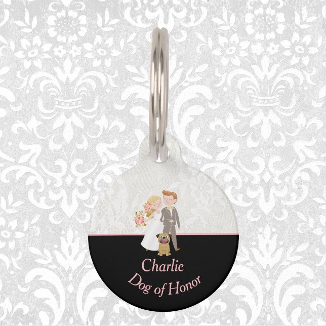 Bride Groom Black and Faux Lace "Dog of Honor" Huisdierpenning (Creator heeft geüpload)