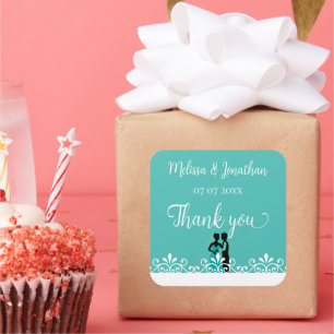 Bride Groom Blauwgroen White Elegant Wedding Dank Vierkante Sticker