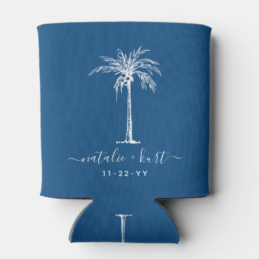 Bride Groom Blue White Palm Tree Aangepast huwelij Blikjeskoeler (Achterkant)