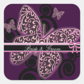 Bride Groom Butterflies Swirl Paars Black White Vierkante Sticker (Voorkant)
