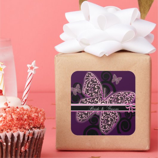 Bride Groom Butterflies Swirl Paars Black White Vierkante Sticker (Feest)