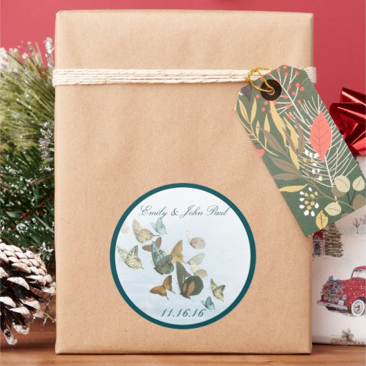 Bride & Groom Butterflies Swirls Deep Blauwgroen Ronde Sticker (Feestdagen)