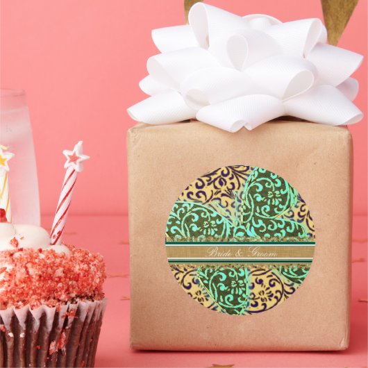 Bride & Groom Butterflies Swirls Green Black White Ronde Sticker (Feest)