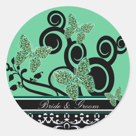 Bride & Groom Butterflies Swirls Green Black White Ronde Sticker (Voorkant)