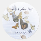 Bride & Groom Butterflies Swirls Navy & Yellow Ronde Sticker (Voorkant)