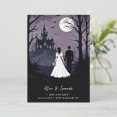 Bride & Groom Creepy Forest Walking Toward Castle Save The Date (Staand voorkant)