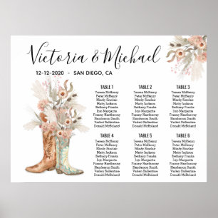 Bride & Groom Floral Boots Cowboy Seating Chart Poster
