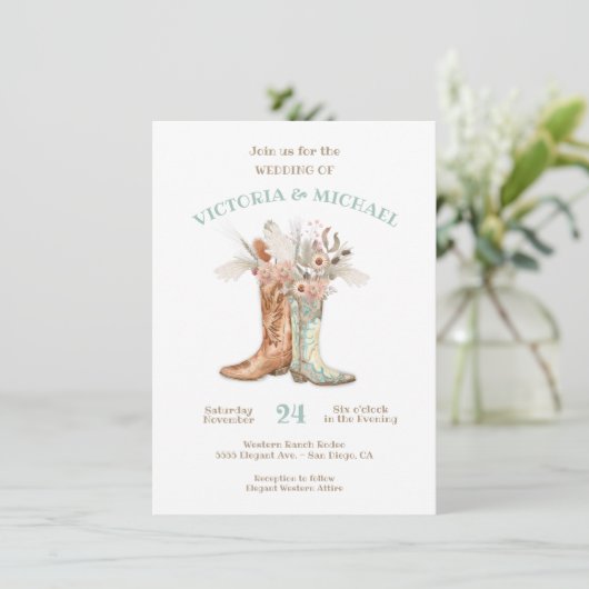 Bride & Groom Floral Boots Cowboy Western bruiloft Kaart (Staand voorkant)