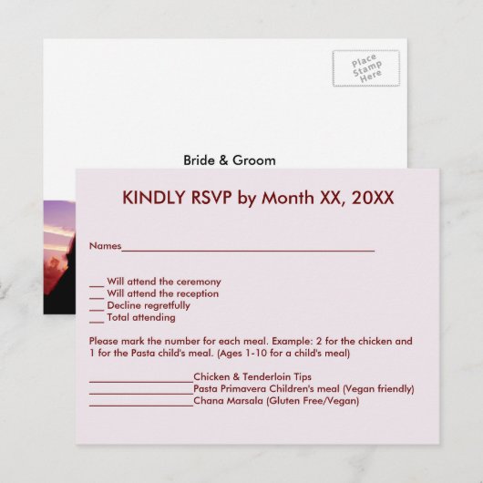 Bride & Groom in Sunset RSVP Menu Postcard (Voorkant / Achterkant)