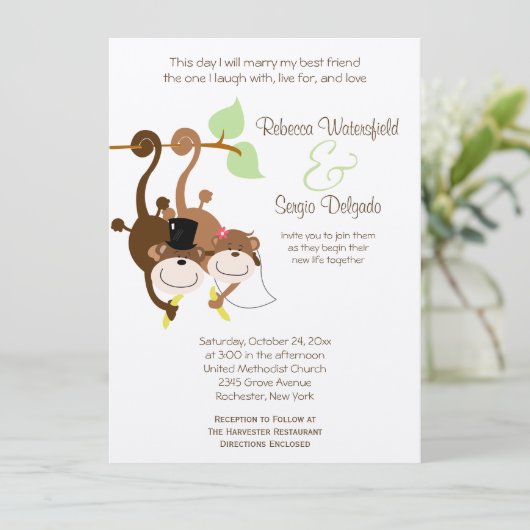 Bride/Groom Monkeys Offbeat Wedding Invitation Kaart (Staand voorkant)