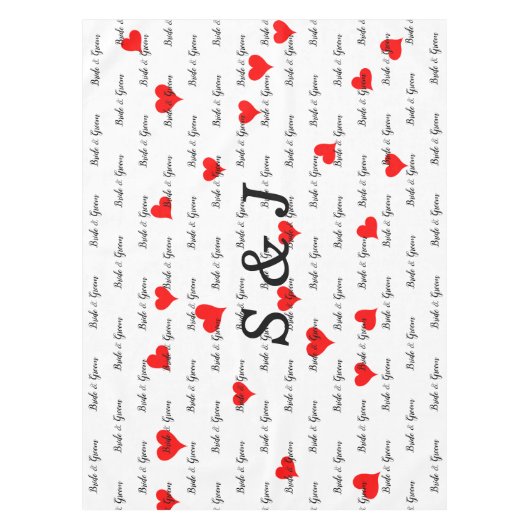 Bride Groom Monogram Typografie Red Hearts Tafelkleed (Voorkant)