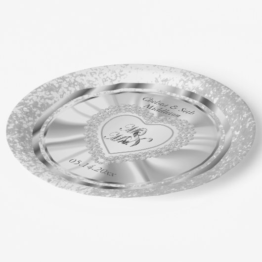 Bride & Groom Satin en Silver Wedding Papieren Bordje (Gekanteld)