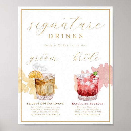 Bride & Groom Signature Drink Waterverf Cocktail Poster (Voorkant)