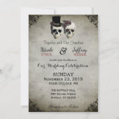 Bride & Groom Skull Gothic Rustic Wedding Uitnodig Kaart (Voorkant)