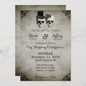 Bride & Groom Skull Gothic Rustic Wedding Uitnodig Kaart (Voorkant / Achterkant)