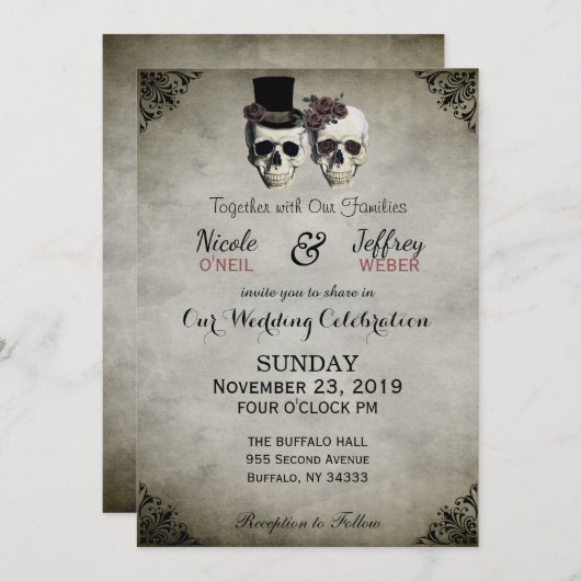 Bride & Groom Skull Gothic Rustic Wedding Uitnodig Kaart (Voorkant / Achterkant)