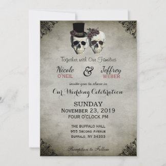 Bride & Groom Skull Gothic Rustic Wedding Uitnodig Kaart