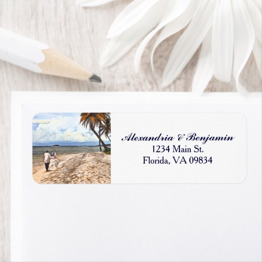 Bride Groom Tropical Beach Waterverf Custom Etiket (Insitu)