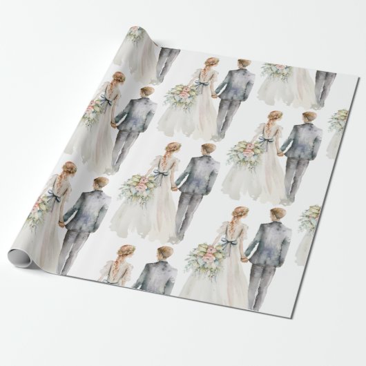 Bride & Groom Waterverf Wedding Cadeaupapier (Uitgerold)