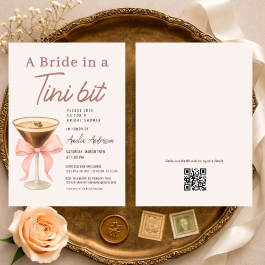 Bride in a Tini Bit QR Code Bridal Shower Kaart