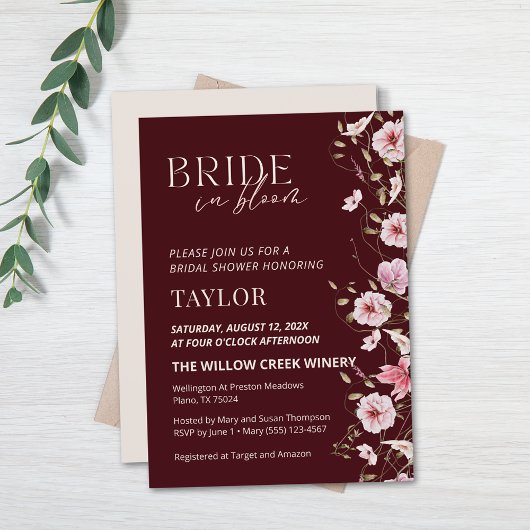 Bride in Bloom Burgundy Floral Bridal Shower Kaart