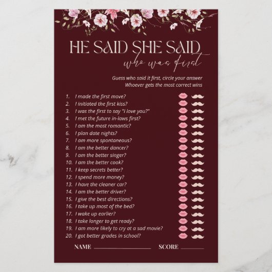Bride in Bloom He Said She Said Bridal Shower Game (Voorkant)